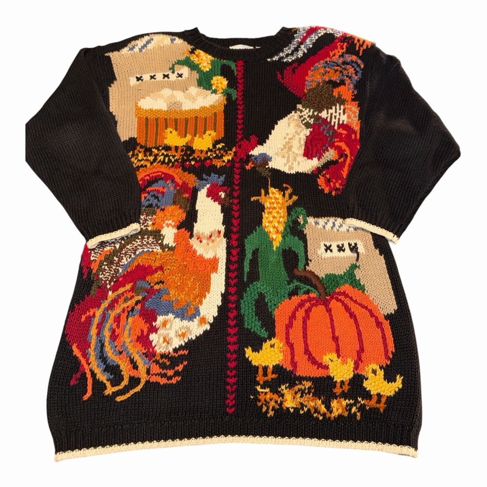 Vtg Ashley Hand Knit Rooster Pumpkin tunic Sweater L Farm Harvest Cottagecore